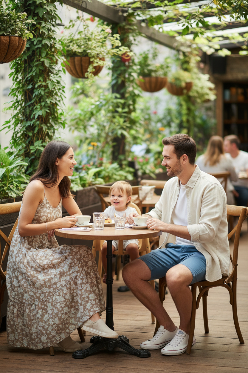 Family sitting at a table in an outdoor cafe with plants and other patrons in the background, with man wearing the Weekend Button Down Shirt in  beige