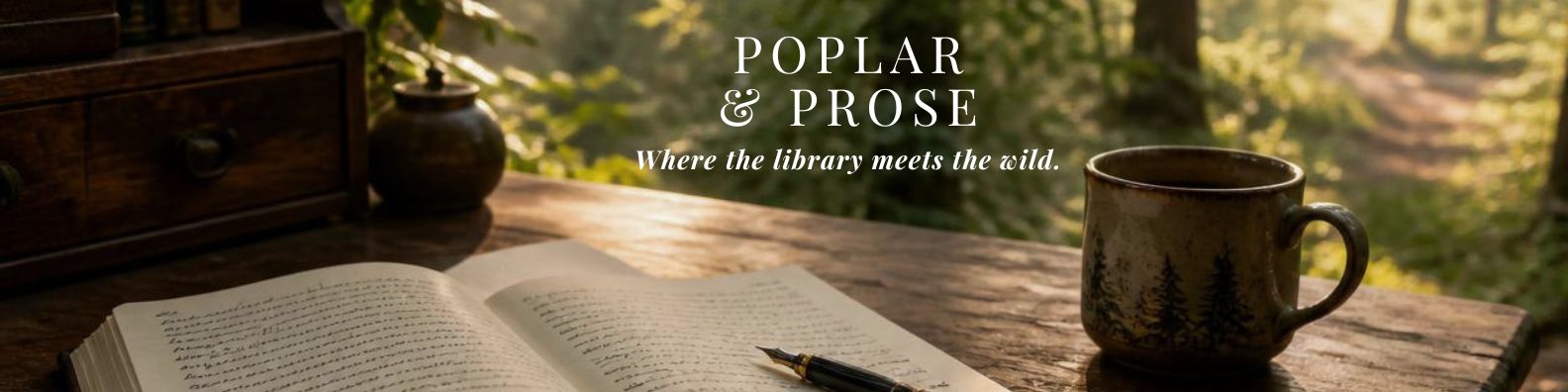 A rustic ceramic mug with a forest tree print sits on a wooden table next to an open book and a pen, with a blurred library or forest background and the text 'POPLAR & PROSE' and 'Where the library meets the wild.'.