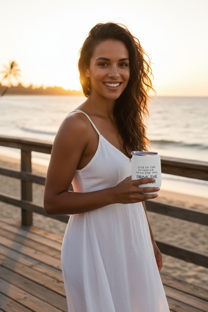 Woman in a white dress holding a the Emerson-inspired tumbler by the beach at sunset