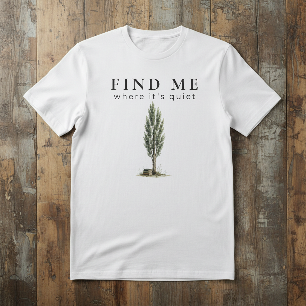 White t-shirt with a tree graphic and text 'Find Me where it's quiet' on a wooden background