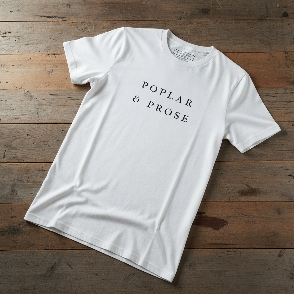 White t-shirt with 'Poplar & Prose' text on a wooden surface