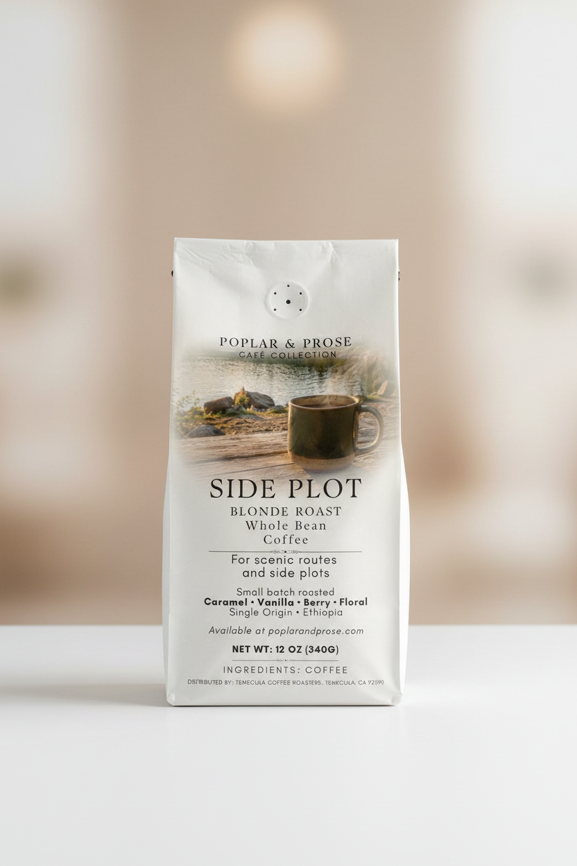 Poplar & Prose Side Plot Blonde Roast coffee package on a white surface with a blurred background