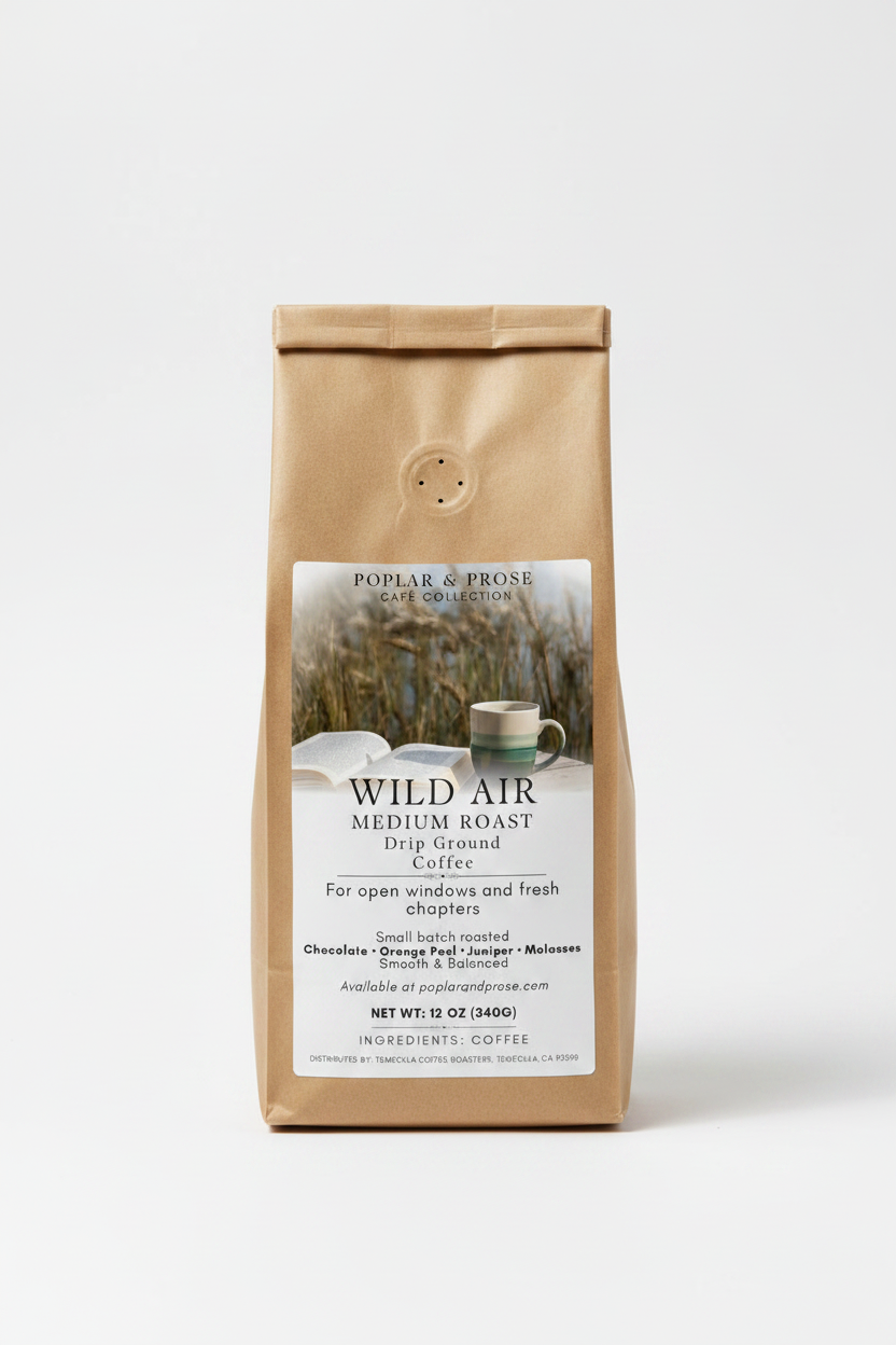 Compostable coffee bag with Wild Air Drip Ground Coffee label on a white background
