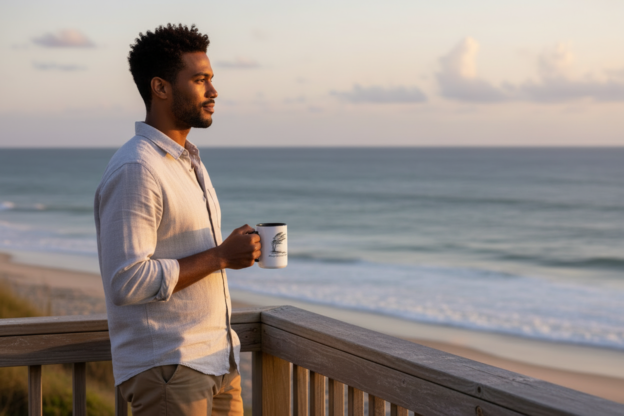 Man holding the Wild Air mug by the ocean at sunset