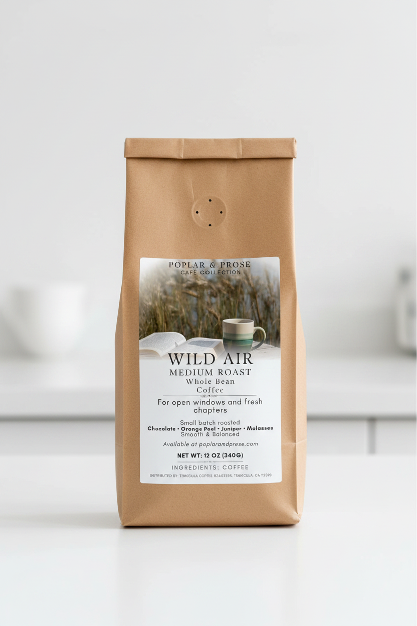 Compostable paper coffee bag with a Wild Air Whole Bean label on a white background