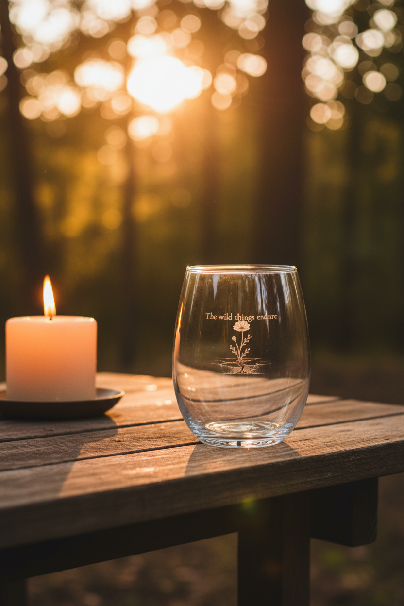 Clear wine glass with engraved text and illustration of wildflower pushing through cracked ground on a wooden table with a candle, blurred natural background