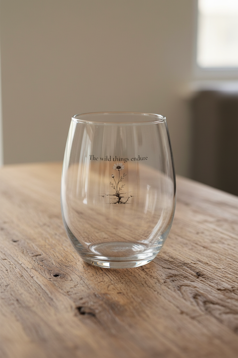 Clear glass with text 'The wild things endure' and wildflower pushing up through cracked ground on a wooden surface