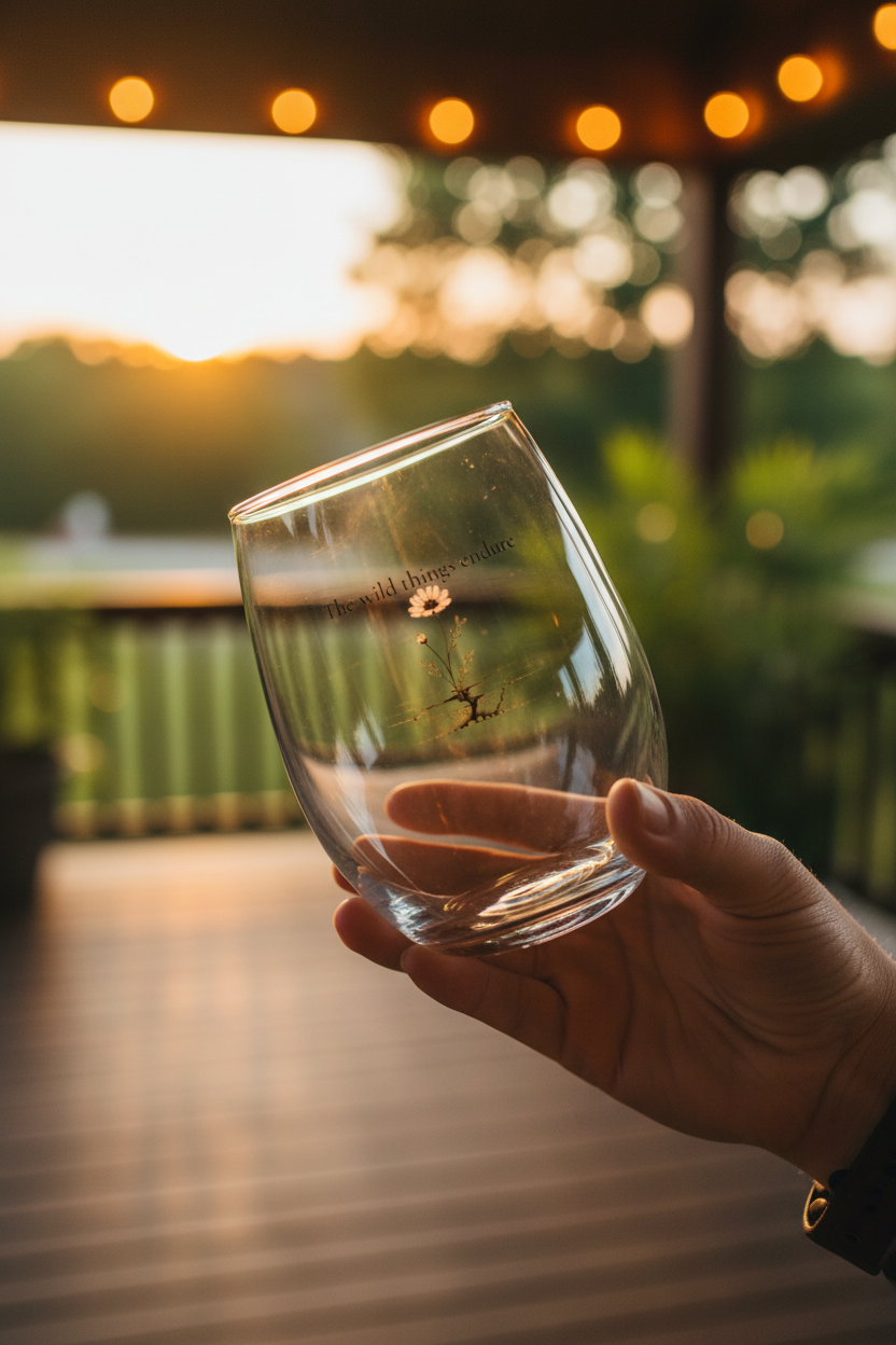 Hand holding a clear wine glass with beautiful text and illustration with a blurred sunset background