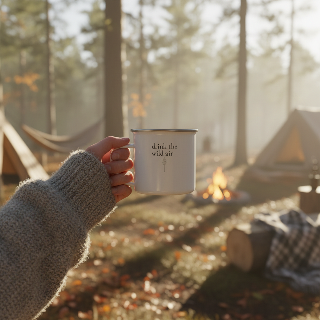 Person holding a mug with 'drink the wild air' text in a forest setting with a campfire and tent.