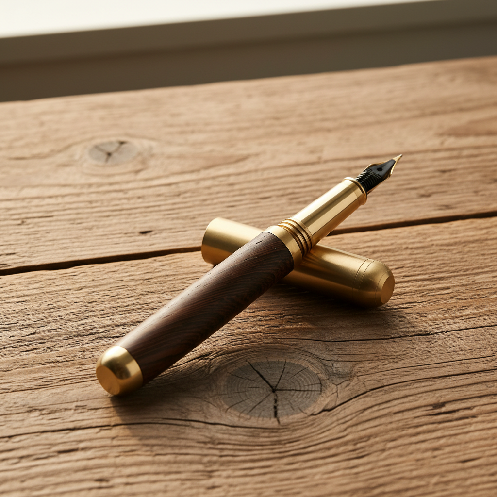 Fountain pen with wooden and brass components on a wooden surface