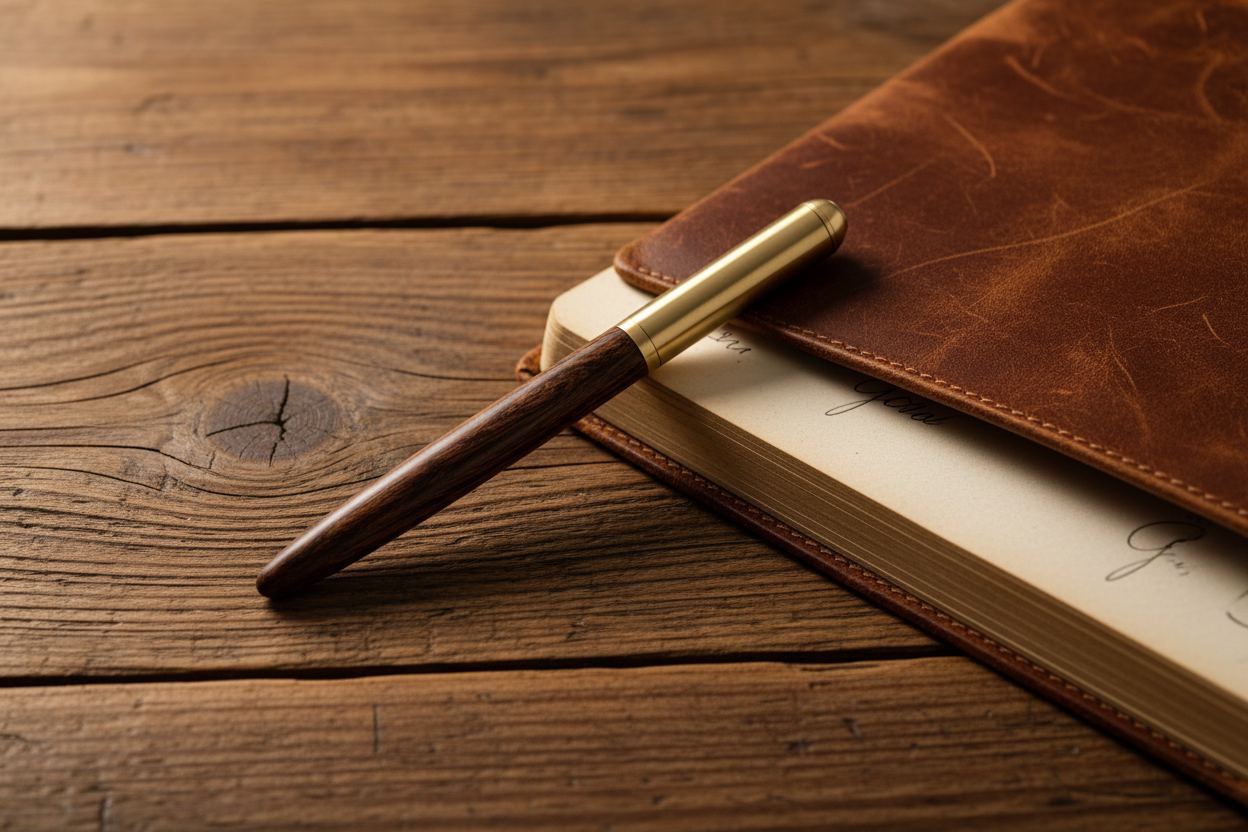 Pen with brown handle and gold clip on a leather-bound book on a wooden surface