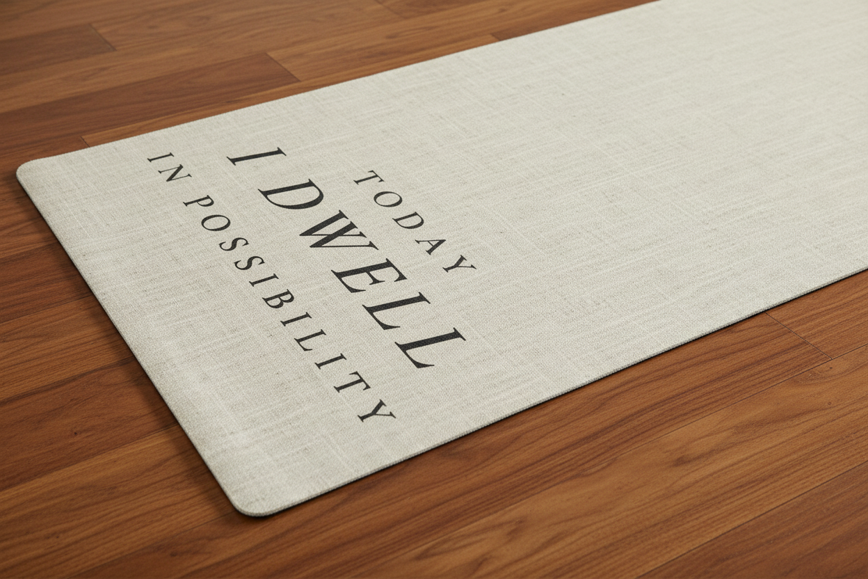 Textured yoga mat with motivational quote on a wooden floor inspired by Emily Dickinson