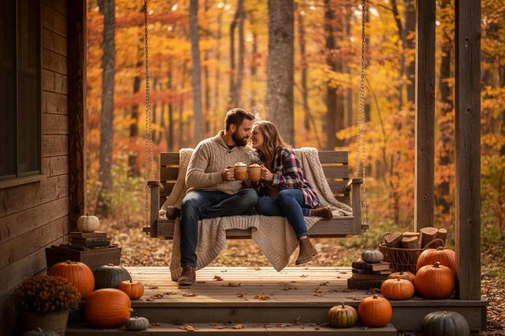A couple sits on a wooden porch swing holding mugs, surrounded by pumpkins and autumn foliage. The man wears a beige sweater and jeans, and the woman wears a plaid shirt and jeans.