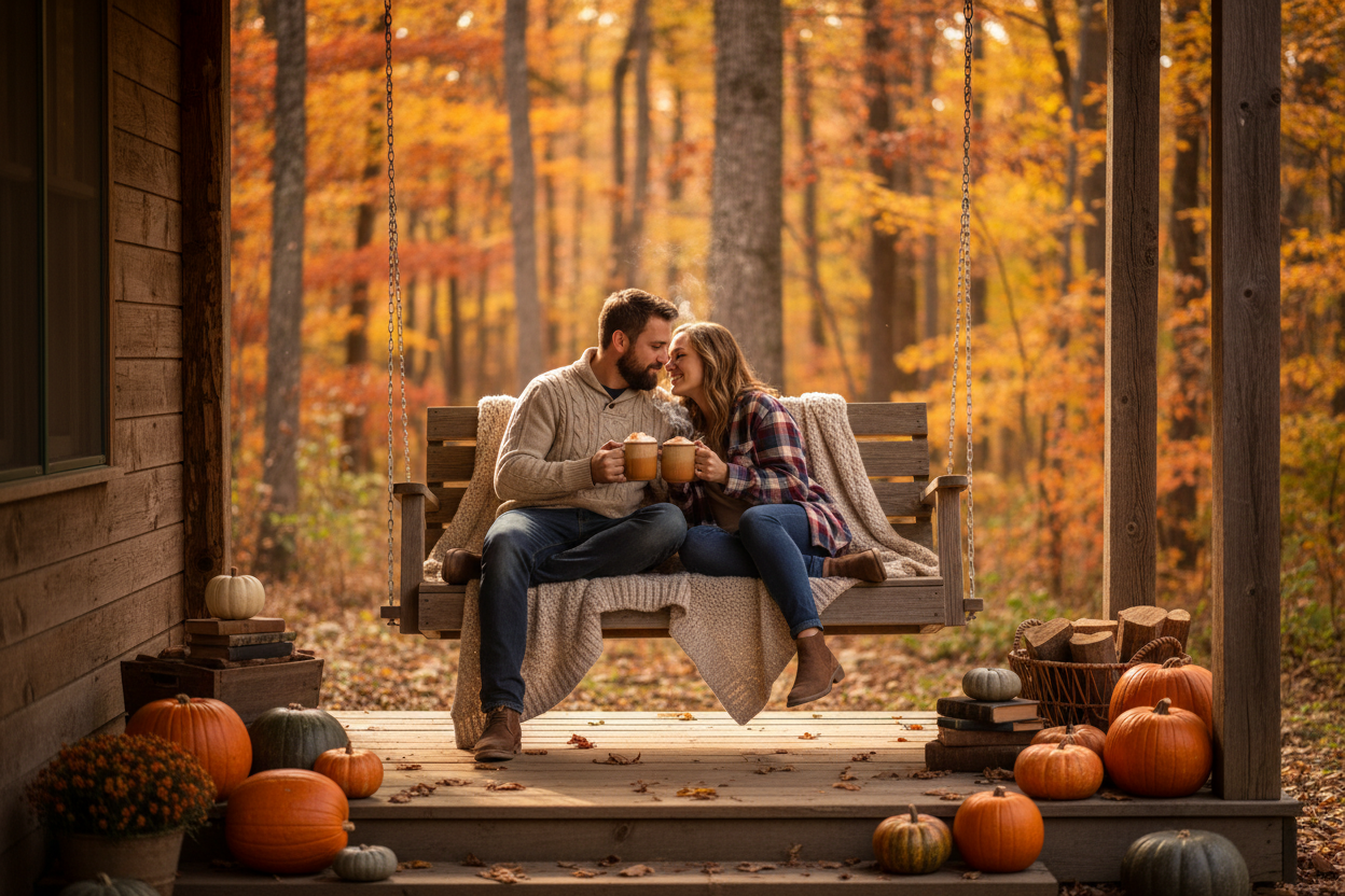 A couple sits on a wooden porch swing holding mugs, surrounded by pumpkins and autumn foliage. The man wears a beige sweater and jeans, and the woman wears a plaid shirt and jeans.