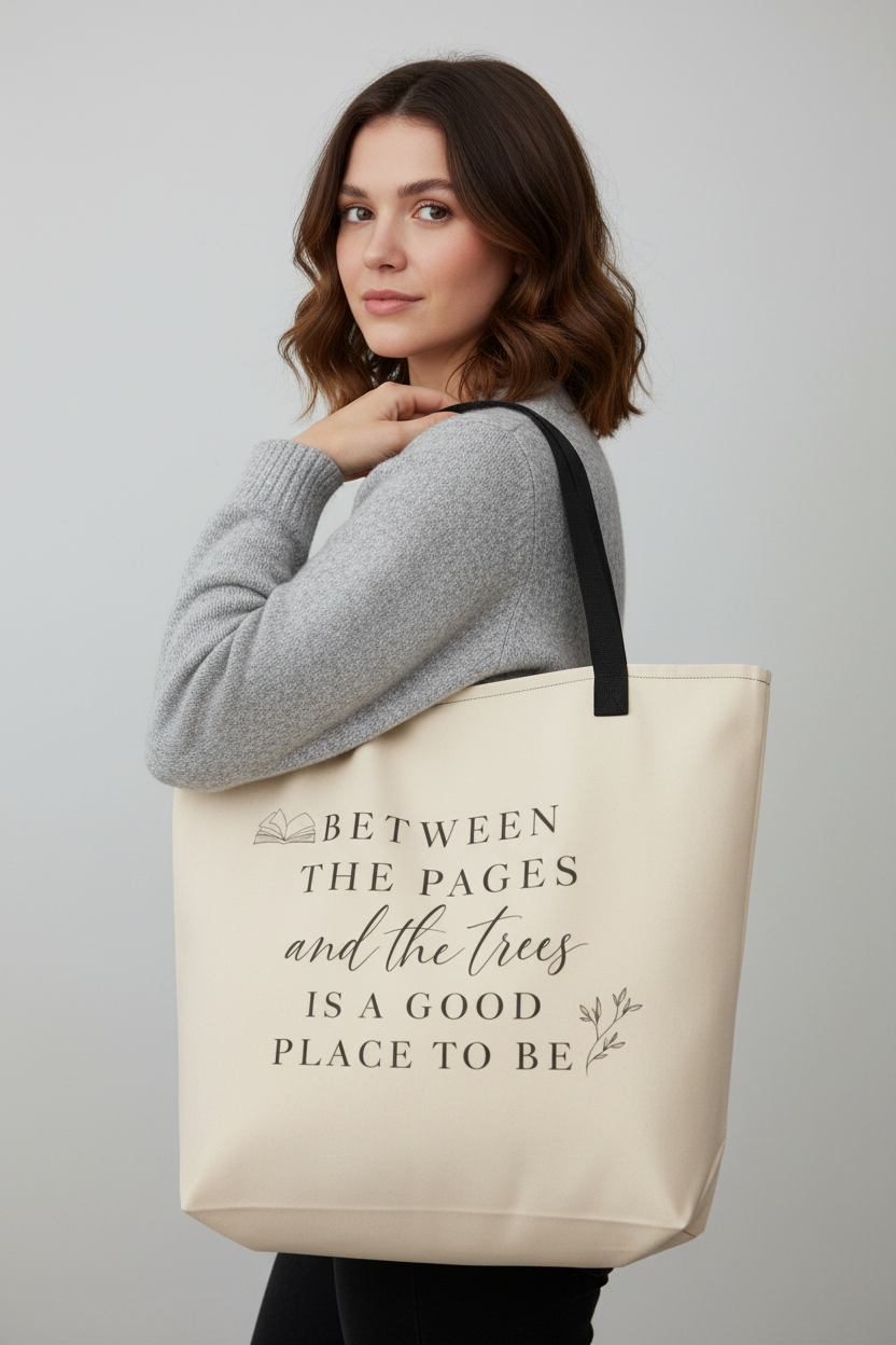 Between the Pages & Trees All-Over Print Tote