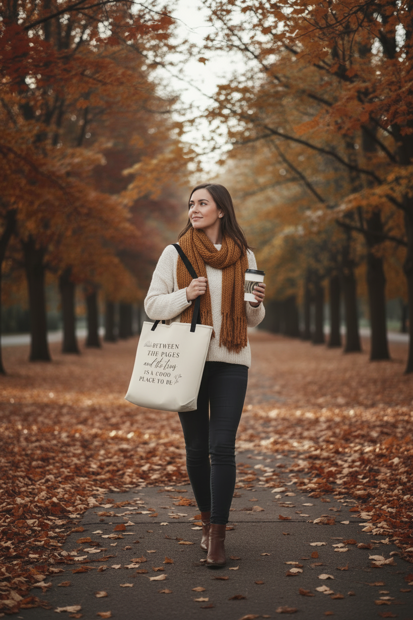 A woman walking on a leaf-covered path lined with golden autumn trees, carrying a white tote bag with black text and holding a takeaway coffee cup.
