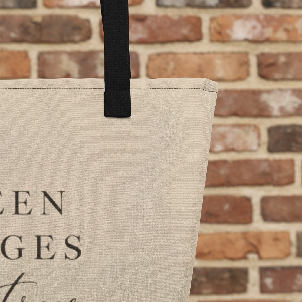 Close-up of a beige canvas tote bag with black webbed handles and partial black printed text on a white background.