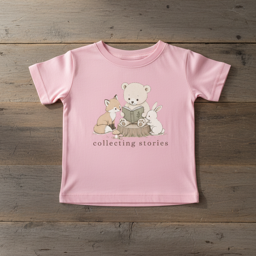 A light pink short-sleeve baby t-shirt laid flat on a rustic wooden background. The front of the shirt features a cute graphic of a white bear, a fox, and a white rabbit reading a book on a tree stump, with the text 'collecting stories' printed below.