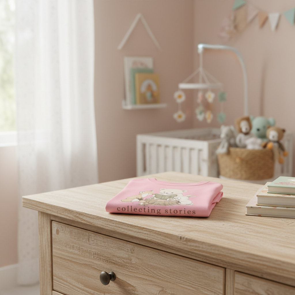 A folded pink baby t-shirt with a bunny graphic and the text 'collecting stories' sits on a light wood dresser in a softly styled nursery with a crib, mobile, and plush toys in the background.