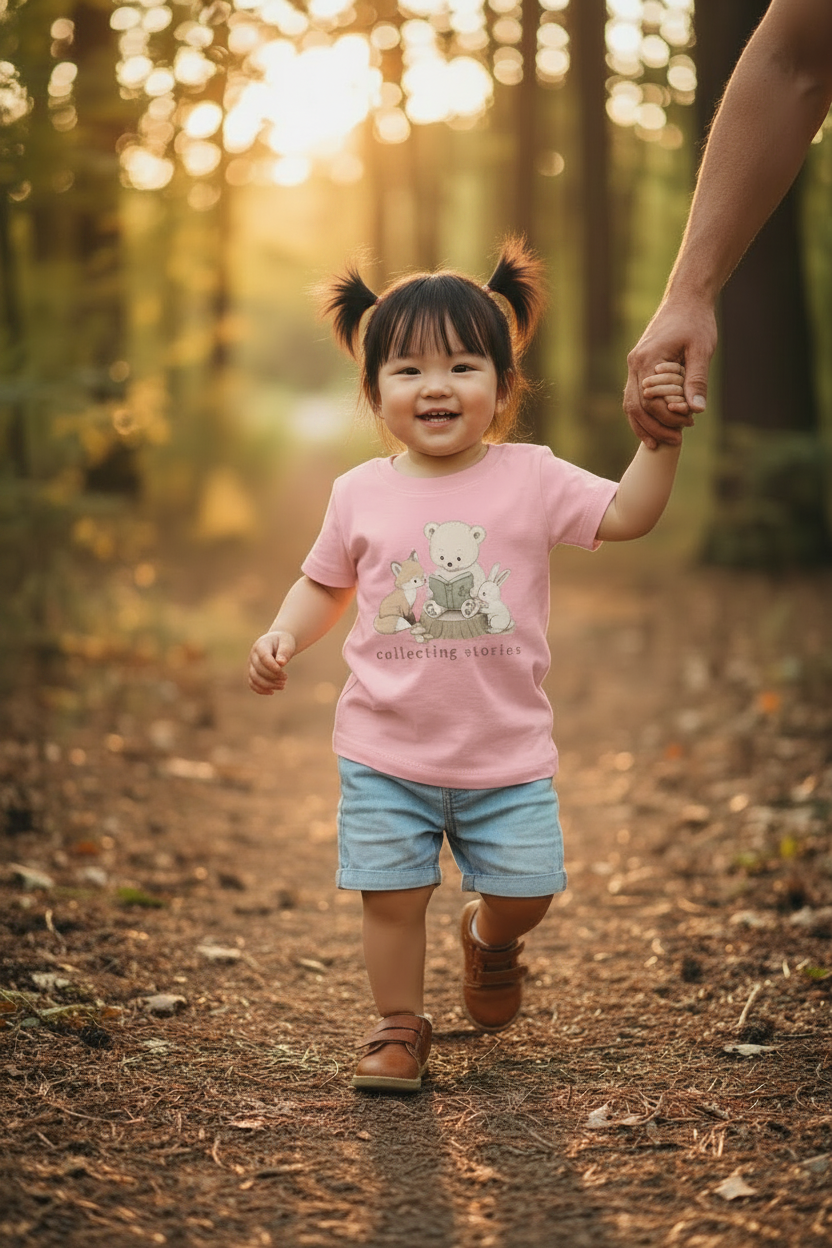A toddler girl walking on a forest path holding an adult's hand, wearing a pink graphic t-shirt with a teddy bear design and the text 'Caring for animals', light blue denim shorts, and brown shoes.