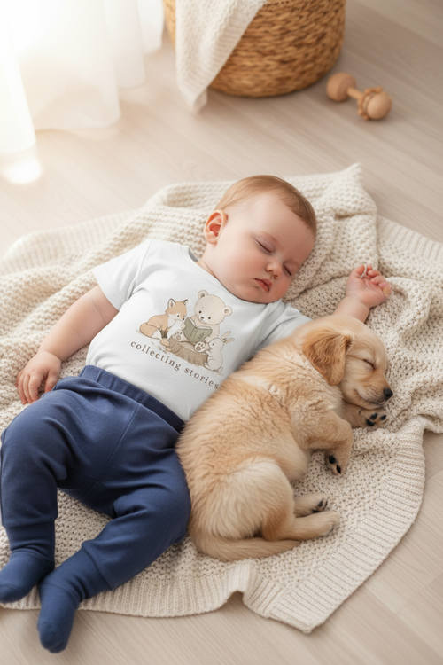 A sleeping baby wearing a white graphic t-shirt and navy blue pants lies on a cream knit blanket next to a small golden puppy on a light wood floor.