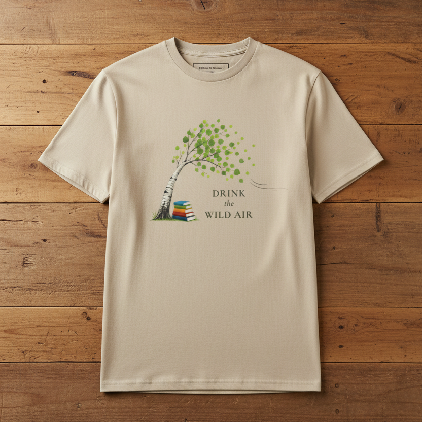 A beige short-sleeve crewneck t-shirt laid flat on a rustic wooden plank background. The shirt features a graphic of a birch tree with green leaves and the text 'DRINK AS WILD AIR' printed on the front.