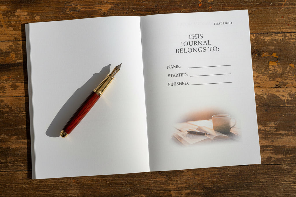 Journal page with text fields for name, start date, and finish date, blurred background of a cup and book.