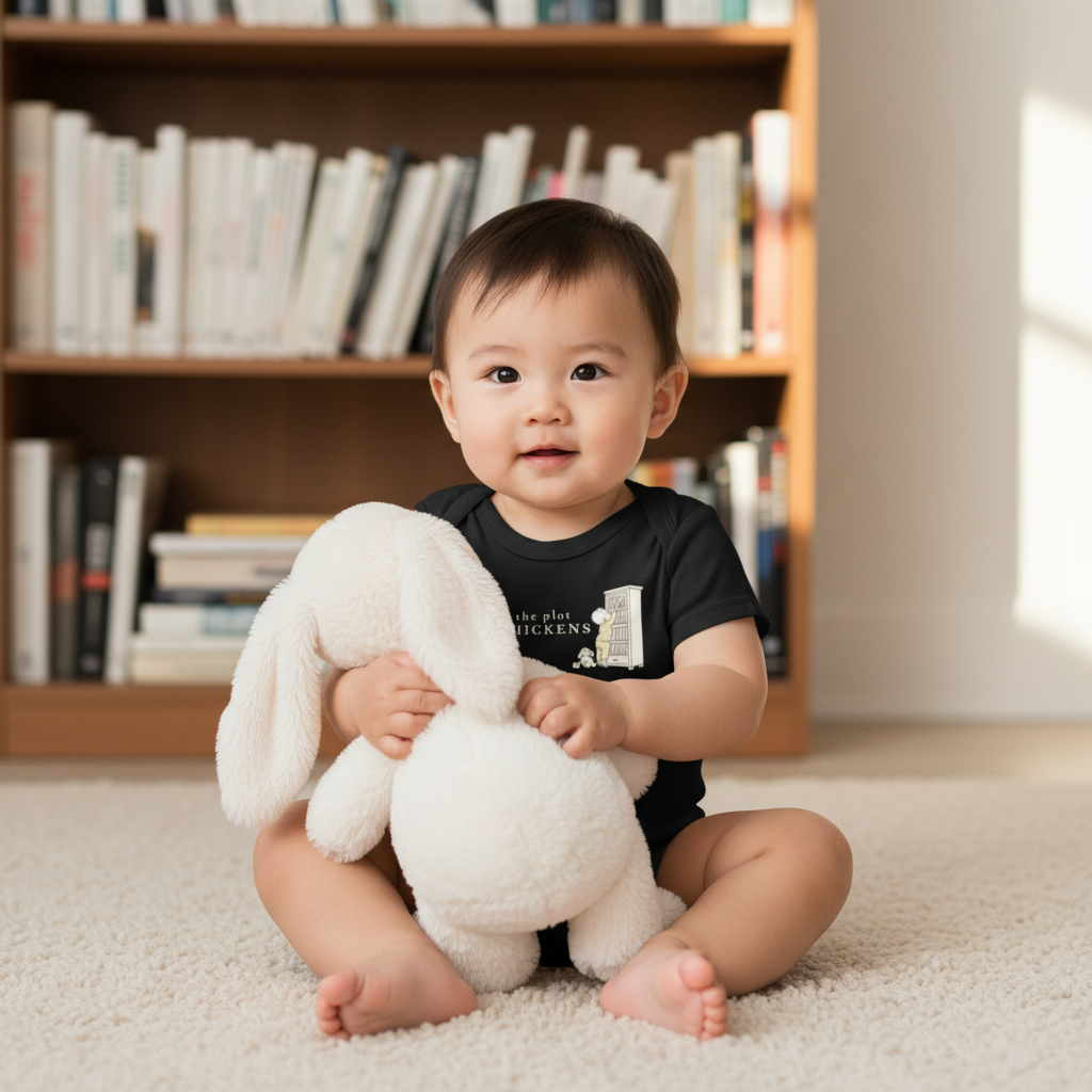 baby boy wearing The Plot Thickens Bodysuit in black in library, holding stuffed bunny