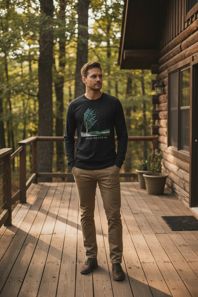 A black long-sleeve crewneck t-shirt with a graphic of a tree and the text 'drink the wild air' printed on the chest, displayed flat on a rustic wooden background.
