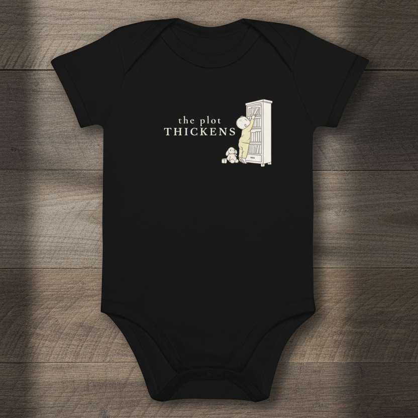 Black The Plot Thickens Bodysuit on reclaimed wood surface