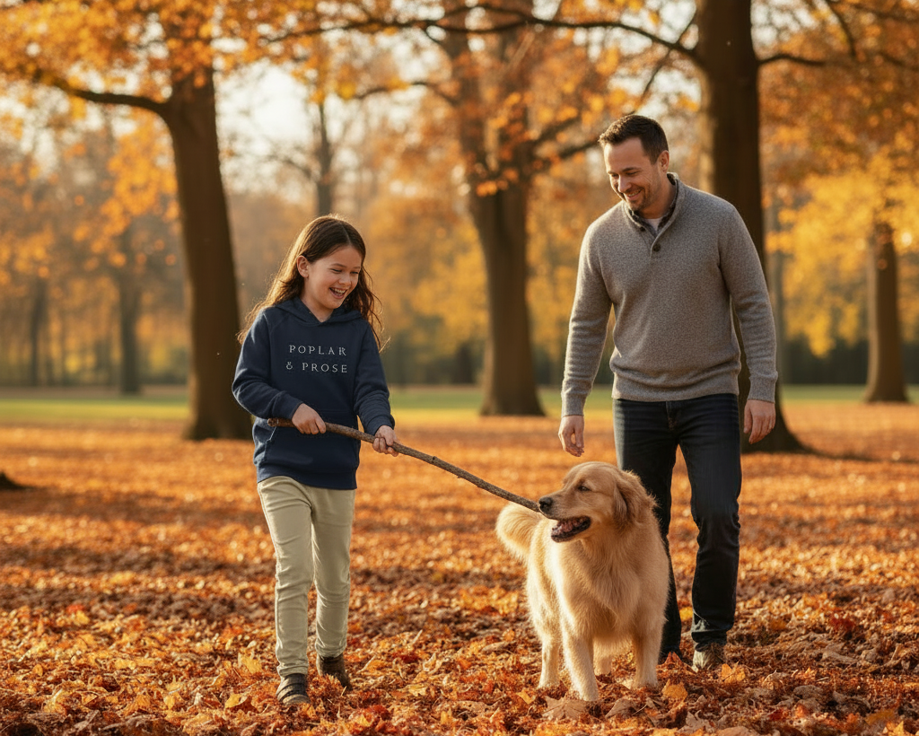 A man and a young girl walking with a golden retriever dog in a leaf-covered park during autumn. The girl is wearing a navy blue hoodie with 'POPLAR & PROSE' printed on the front, paired with beige pants.