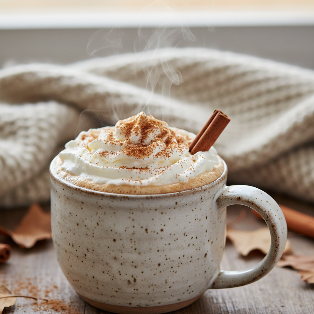 A ceramic speckled mug filled with a steaming hot cocoa or coffee drink topped with whipped cream, cinnamon dusting, and a cinnamon stick, set on a wooden surface with a cozy knitted blanket in the background.