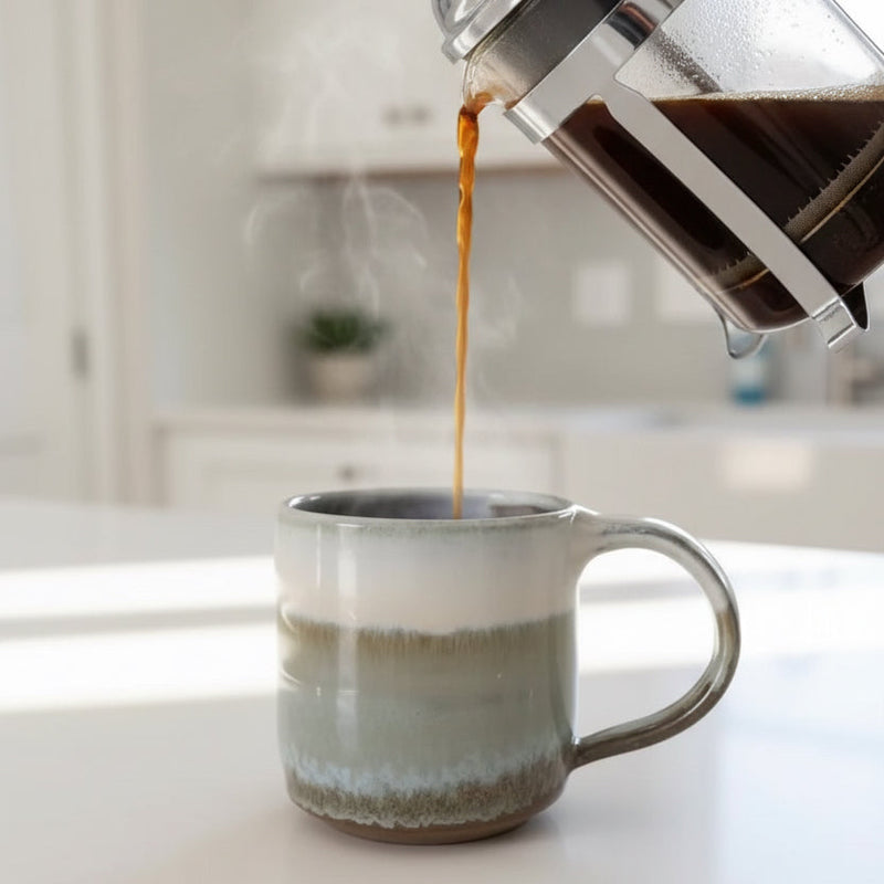 A handmade ceramic mug with a horizontal glazed gradient design, sitting on a white countertop in a softly blurred kitchen background.