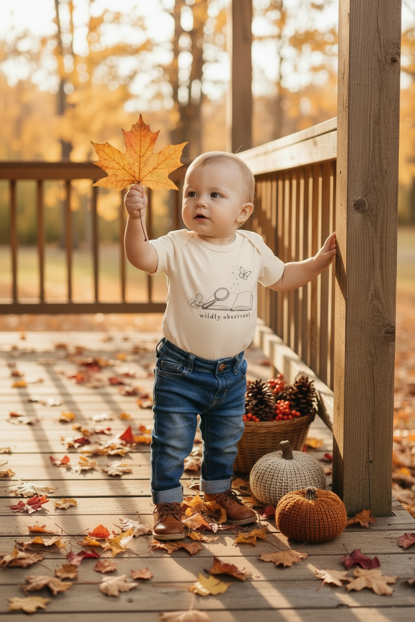 A toddler stands on a wooden deck scattered with autumn leaves, wearing a cream short-sleeve bodysuit with a black graphic and text, paired with blue jeans. The background features a wooden railing, warm fall trees, and small pumpkins.