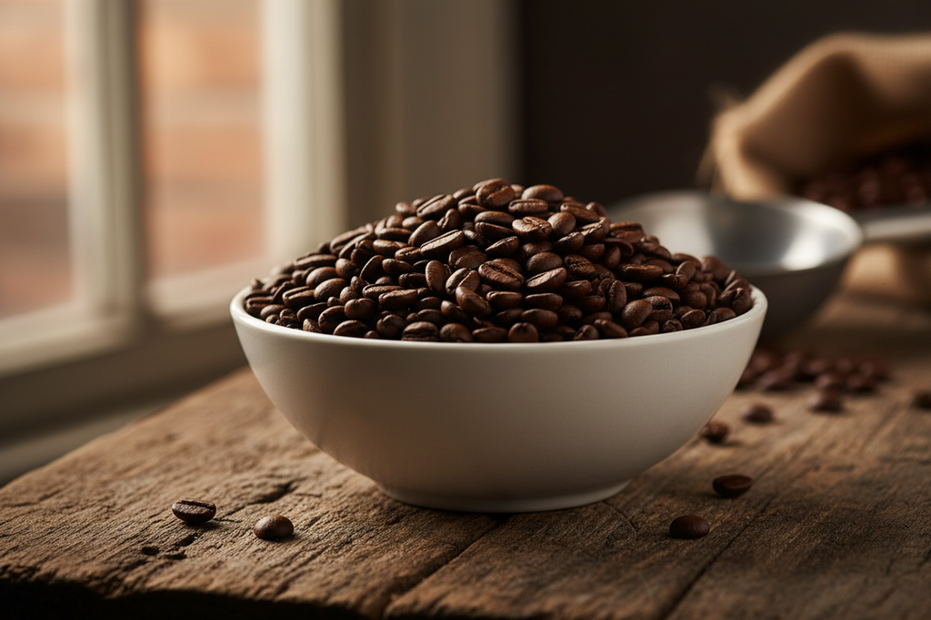 White bowl filled with dark roast coffee beans on a wooden surface