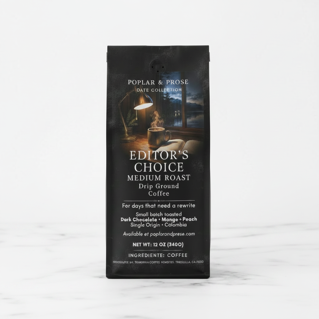 A black bag of Poplar & Prose Editor's Choice Medium Roast Drip Ground Coffee stands on a white marble countertop in a bright kitchen, with a white mug blurred in the background.