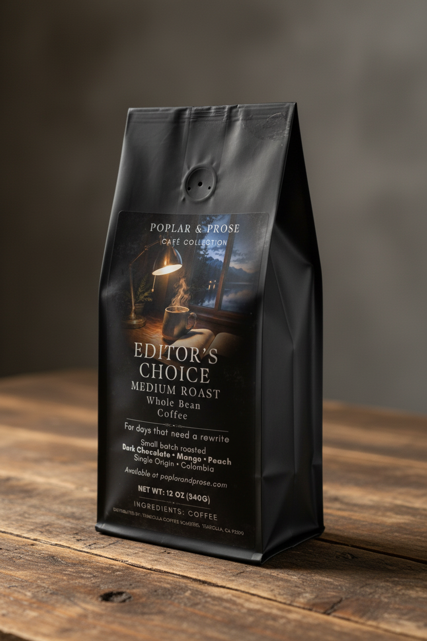 A black coffee bag standing on a rustic wooden surface against a blurred warm gray-brown background. The front label reads 'POPLAR & PROSE' and 'EDITOR'S CHOICE MEDIUM ROAST Whole Bean Coffee.
