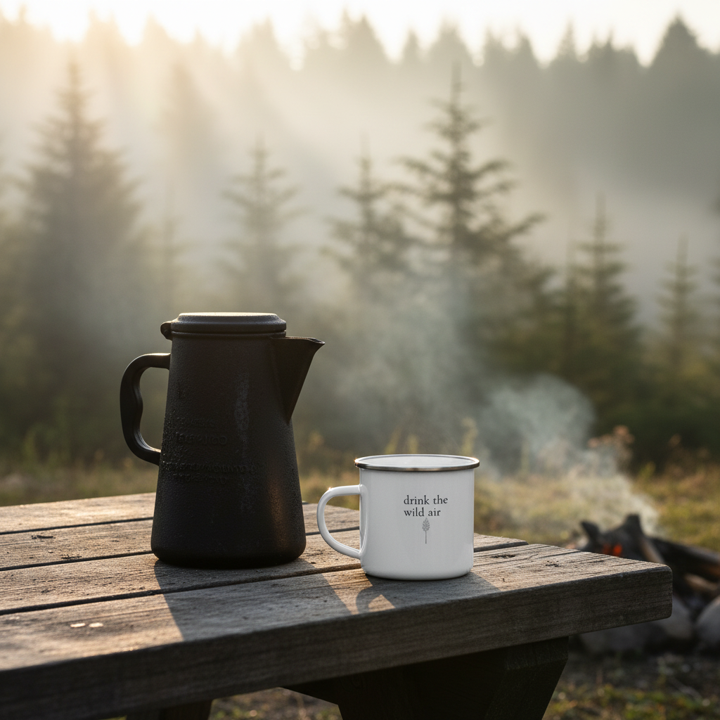 A white enamel camping mug with the text 'drink the wild air' sits on a rustic wooden table next to a black metal coffee pot, set against a misty forest background with a campfire and sun rays.