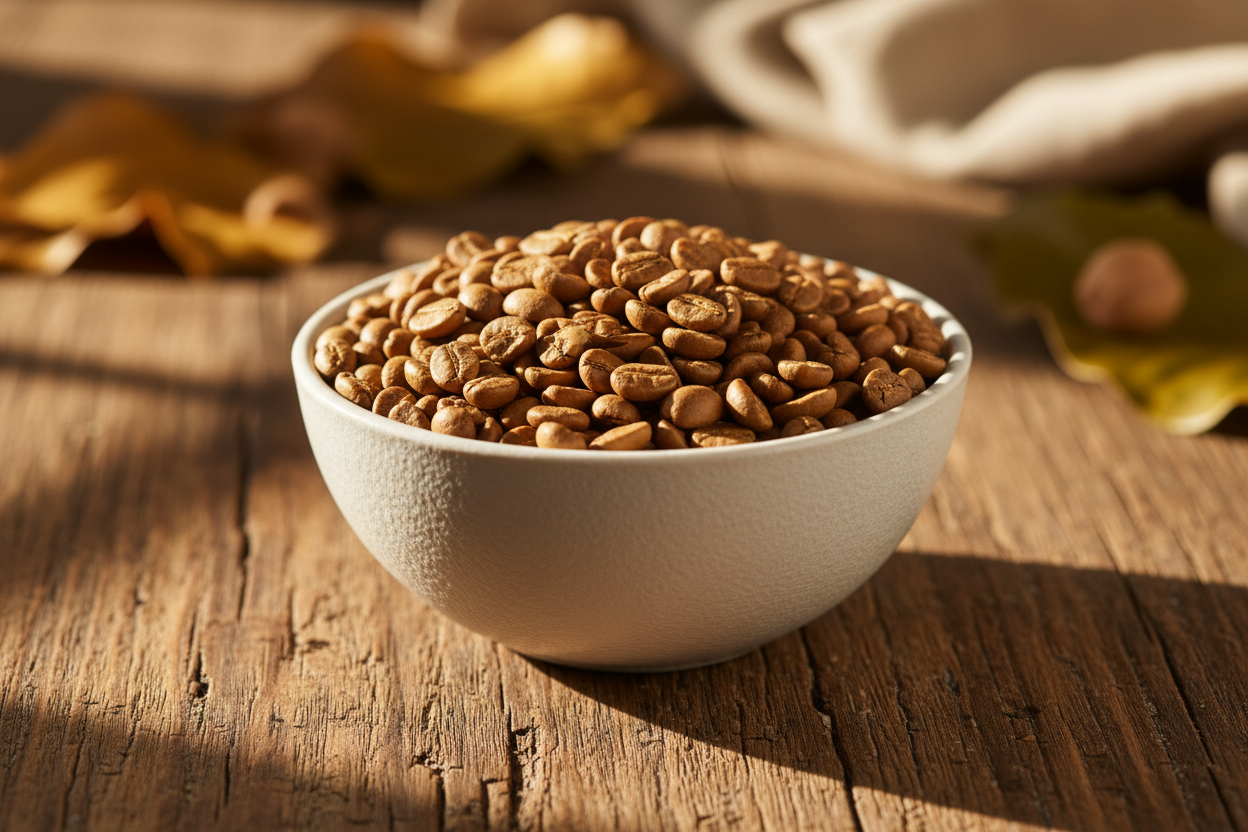 White bowl filled with blonde roast  on a wooden surface