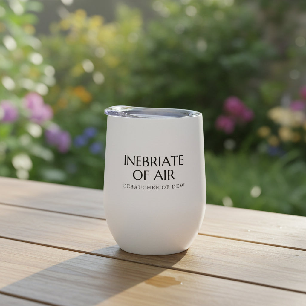 Evening insulated white tumbler on an outdoor table in the garden