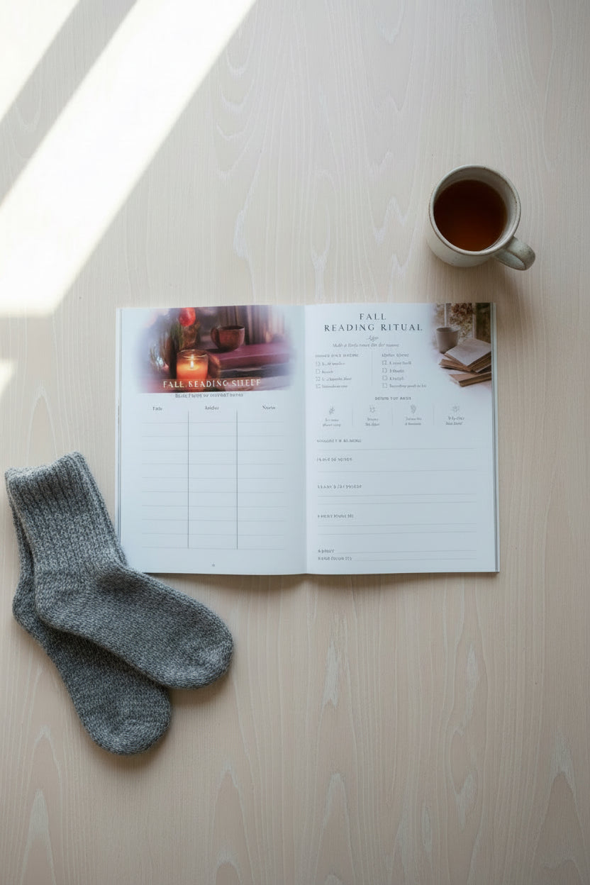 An open printed booklet or journal spread showing a 'Fall Reading Shelf' page on the left and a 'Fall Reading Ritual' checklist page on the right, photographed indoors against a gray wall.