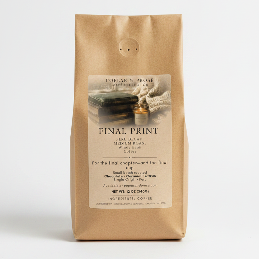 A 12 oz bag of Poplar & Prose Coffee's Final Print medium roast whole bean coffee, packaged in a brown kraft paper bag with a cream label.