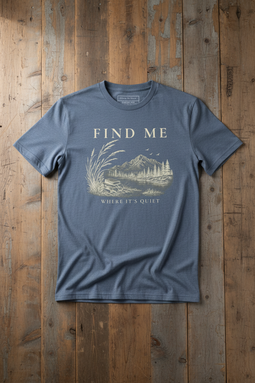 A slate blue crewneck t-shirt with a beige graphic print of a mountain lake scene and the text 'FIND ME WHERE IT'S QUIET', laid flat on a rustic wooden plank background.