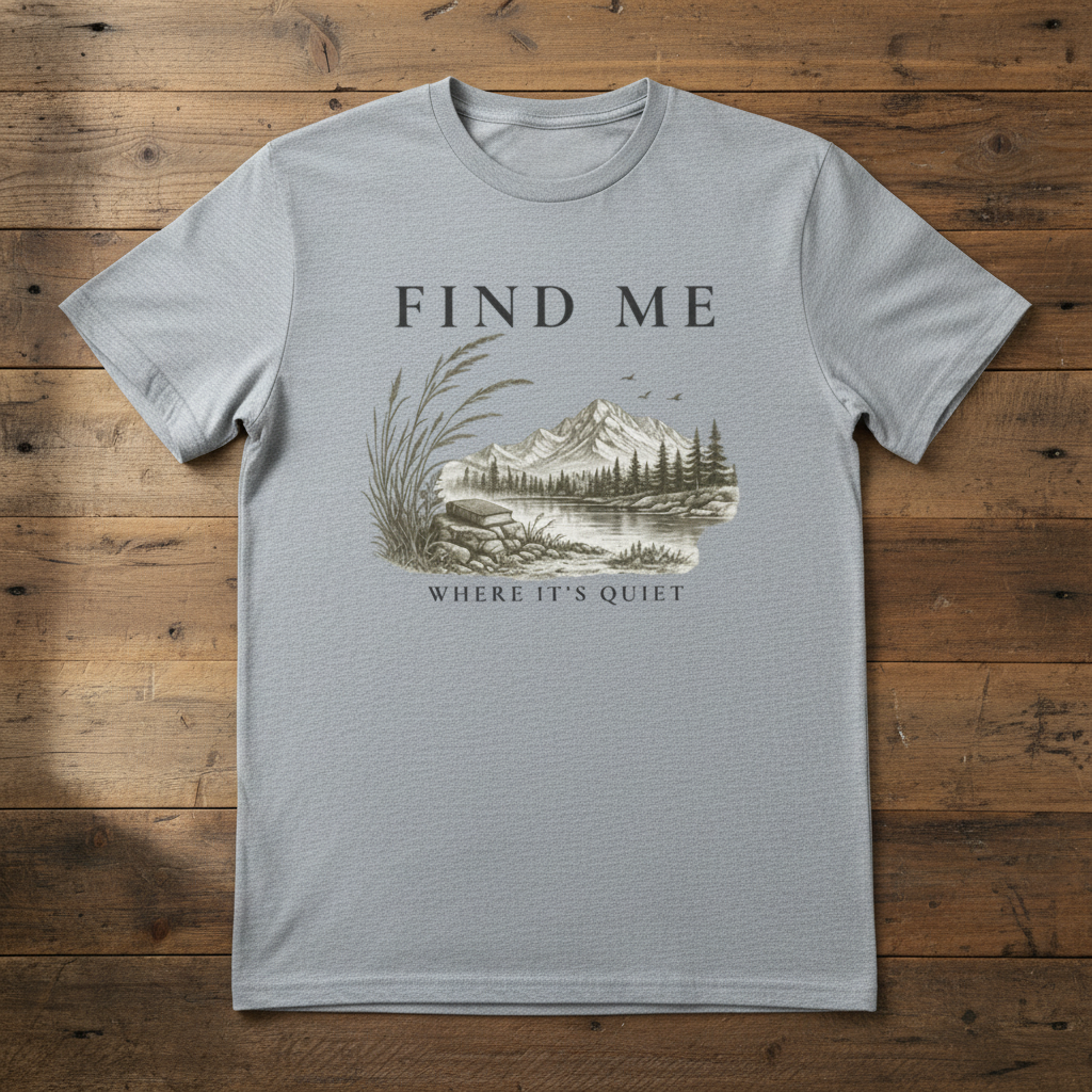 A light gray crewneck t-shirt with a vintage-style scenic graphic of a mountain lake and the text 'FIND ME WHERE IT'S QUIET', laid flat on a rustic wooden background.