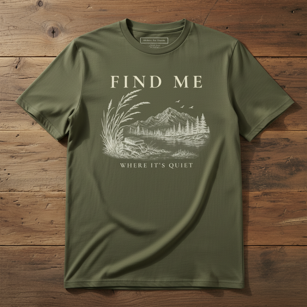 An olive green crewneck t-shirt with a white graphic print reading 'FIND ME WHERE IT'S QUIET' and showing a mountain, trees, and grass illustration, laid flat on a rustic wooden background.