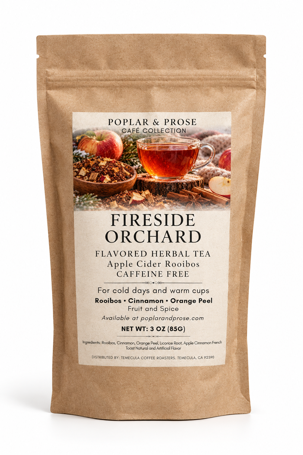 A 3 oz stand-up pouch of Poplar & Prose Fireside Orchard Flavored Herbal Tea, featuring a kraft paper bag with a large white label showing a cozy tea scene with apples and a mug.