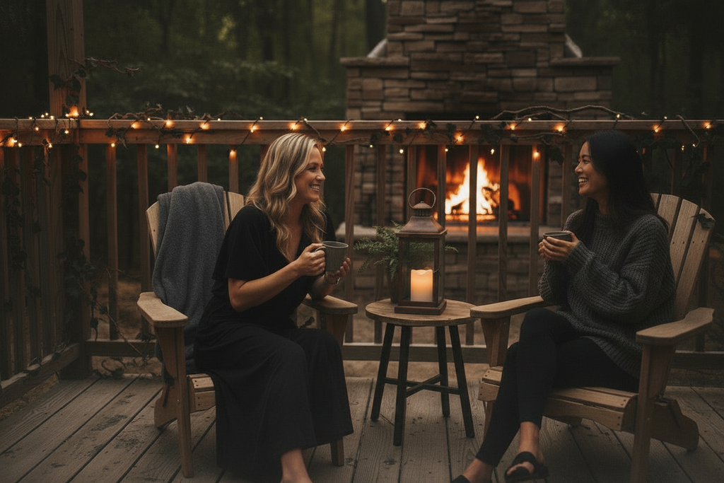 Two women sitting in wooden Adirondack chairs on a deck, holding mugs and smiling near a lit fireplace and string lights.