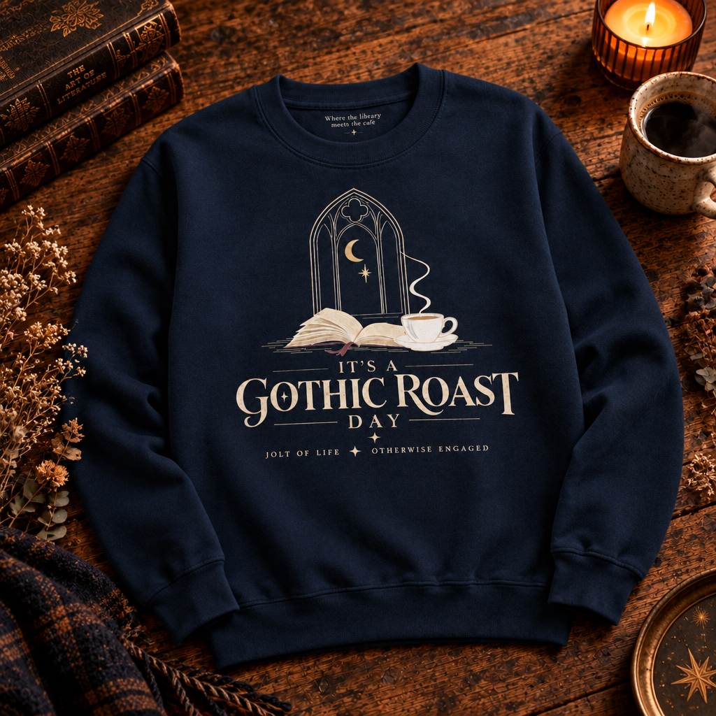 A navy blue crewneck sweatshirt with a gothic-themed graphic print, styled in a cozy flat-lay setting on a wooden table with books, a candle, and a mug.
