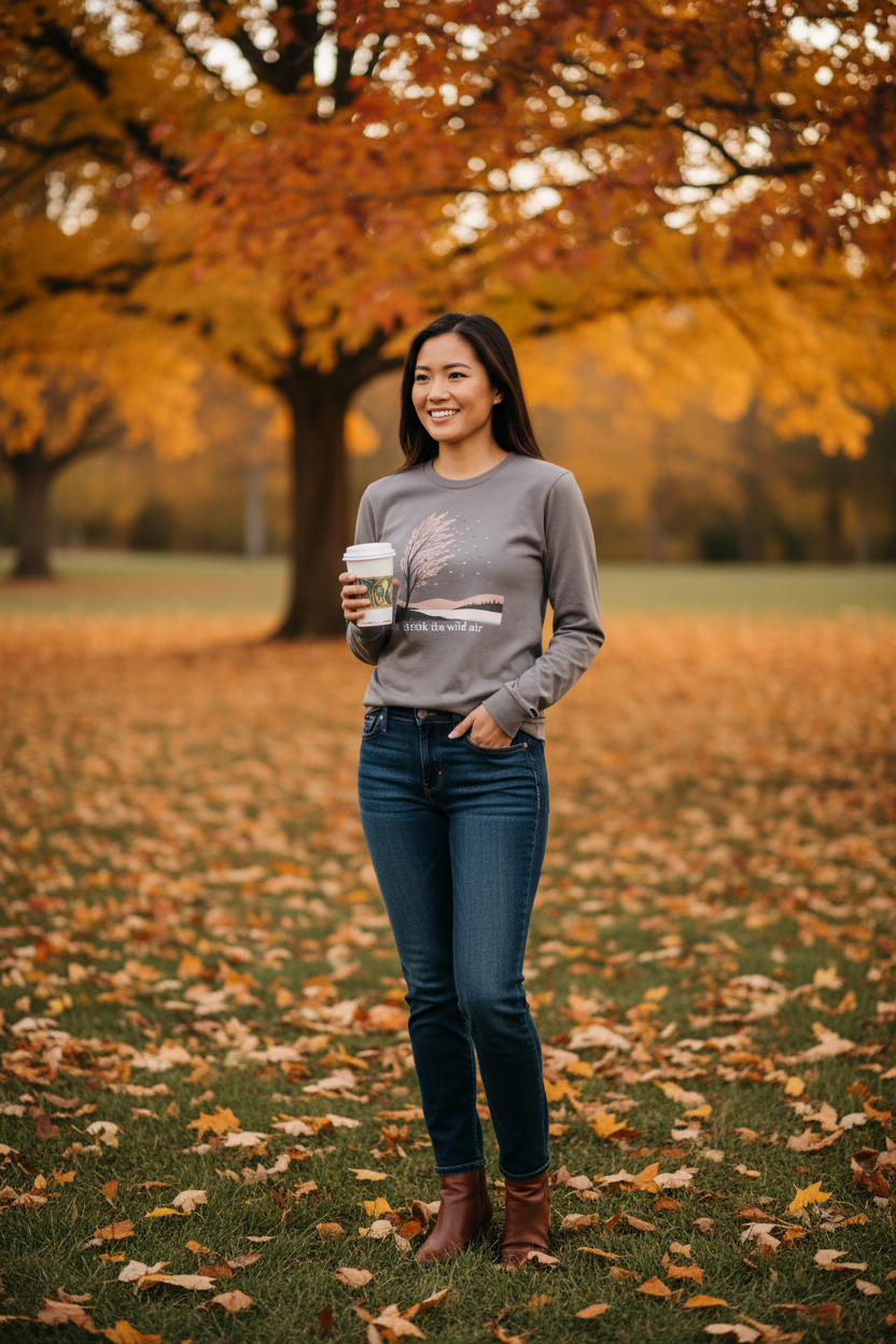 A woman stands outdoors in a park during autumn, wearing a gray long-sleeve crewneck sweatshirt with a graphic print, dark blue jeans, and brown ankle boots while holding a white coffee cup.