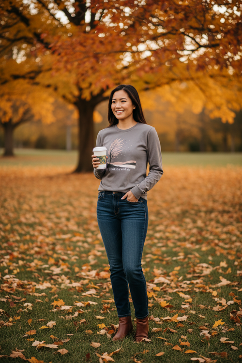 A woman stands outdoors in a park during autumn, wearing a gray long-sleeve crewneck sweatshirt with a graphic print, dark blue jeans, and brown ankle boots while holding a white coffee cup.